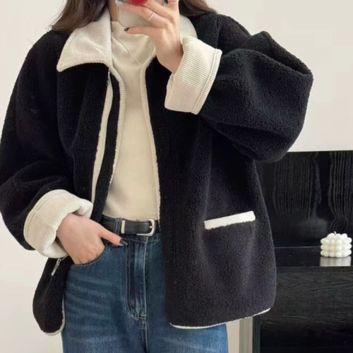 D142气质加厚高级感大码外套女秋冬季新款羊羔毛绒皮毛一体上衣