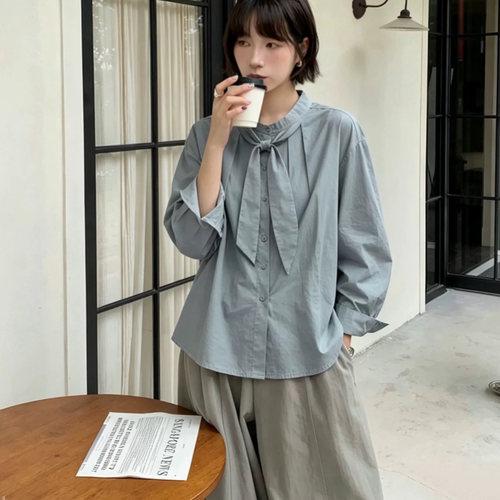 B633秋季女装宽松淑女小清新立领领全mian衬衫女6689