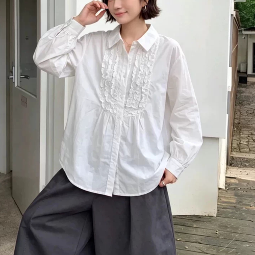 B444木耳边翻领长袖衬衫女春秋宽松气质休闲百搭上衣6762