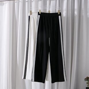 运动阔腿长裤 休闲裤 E143 饰条纹设计感百搭 松紧腰宽松装 时尚 新款