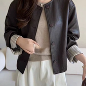B062圆领单排扣PU皮加厚棉衣皮衣外套新款 宽松休闲夹克夹棉上衣