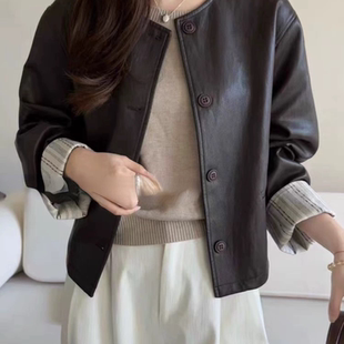 B062圆领单排扣PU皮加厚棉衣皮衣外套新款 宽松休闲夹克夹棉上衣