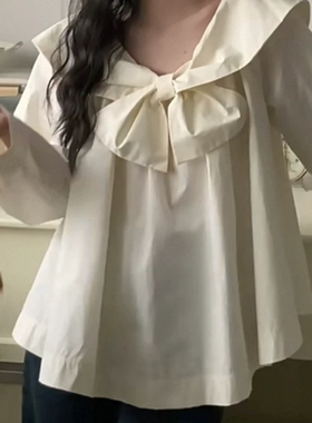 蝴蝶结大A版长袖套头领口松紧衬衫女A202