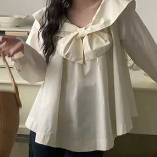 蝴蝶结大A版长袖套头领口松紧衬衫女A202