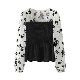 女装 A424法式 新款 女春季 收腰显瘦上衣 复古碎花雪纺衬衫