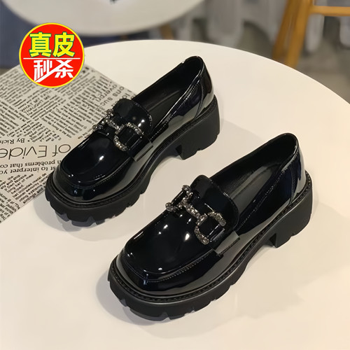 品牌漆皮厚底真皮乐福鞋女2025春秋新款百搭松糕单鞋英伦风小皮鞋