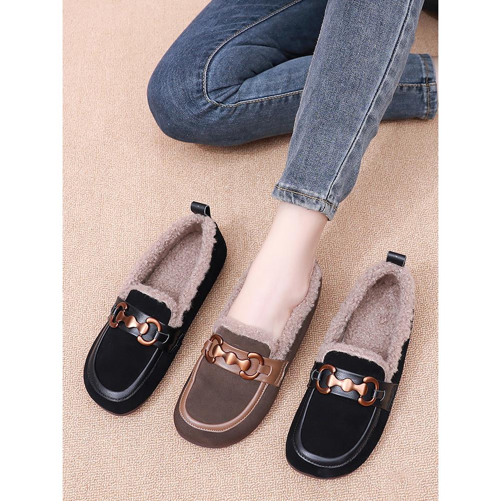 品牌撤柜真皮乐福鞋女一脚蹬加绒毛毛鞋软底舒适平底棉鞋冬季保暖