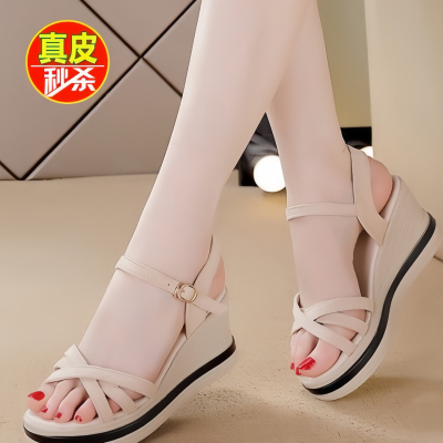薏尔康康真皮坡跟凉鞋女款2025新款夏季外穿厚底时尚防滑高跟凉鞋