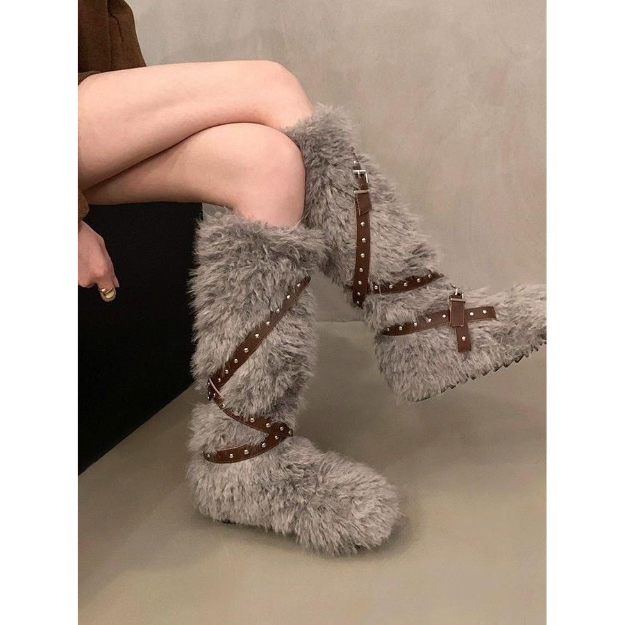 内增高加绒加厚雪地靴女2025新款秋冬季保暖毛毛鞋棉鞋高筒骑士靴