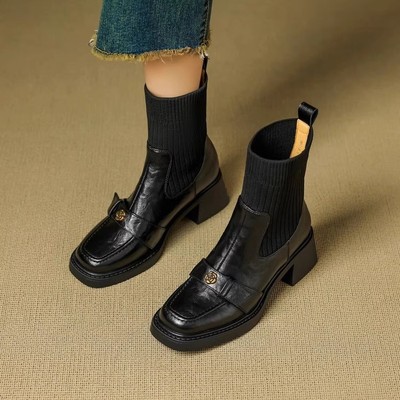 爆款英伦风皮鞋2025新款秋冬季松紧口马丁靴女法式高跟小踝靴短靴