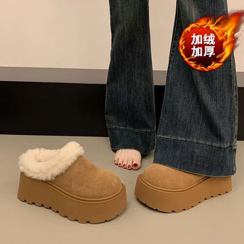 撤柜款特价清厚底加绒毛毛勃肯鞋女包头半拖外穿小个子雪地棉拖鞋