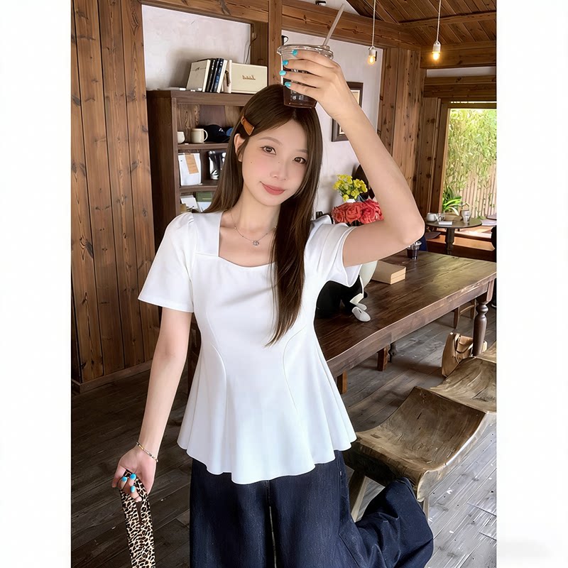 200斤遮肉显瘦收腰大码女装荷叶边上衣方领正肩短袖t恤女夏季胖mm