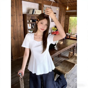 200斤遮肉显瘦收腰大码女装荷叶边上衣方领正肩短袖t恤女夏季胖mm