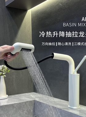 白色升降式抽拉式厨房水龙头冷热可旋转水龙头洗菜盆洗碗池家用