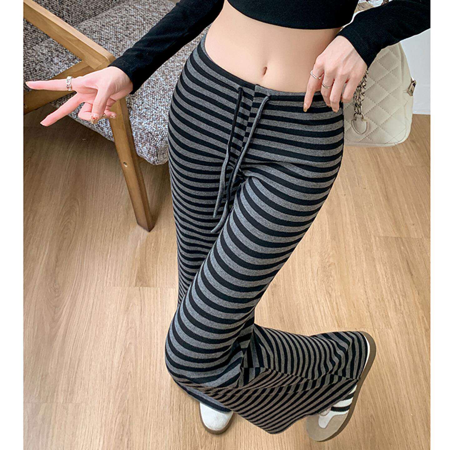 小个子高腰灰撞色条纹微喇女裤图片