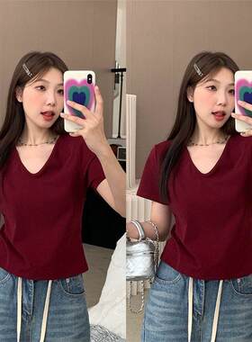 300斤大码女装胖m韩版遮肉夏季新款甜辣妹正肩v领显瘦短袖上衣t恤