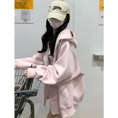 粉色连帽卫衣初早秋季薄外套女2025新款韩系穿搭上衣慵懒宽松开衫