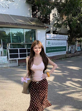 毛菇小象爆款推荐粉色吊带背心外穿无袖上衣波点半身裙两件式套装