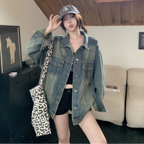 美式复古做旧破洞牛仔外套女