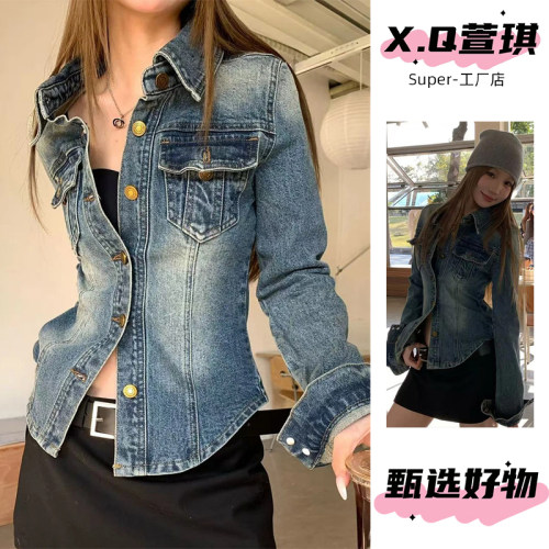 港风复古修身收腰牛仔衬衫外套女
