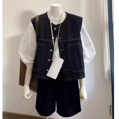 夏季新款深蓝圆领复古牛仔马甲