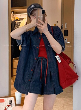 休闲深蓝色牛仔套装女夏2025新款韩版短袖衬衫高腰抽绳短裤两件套