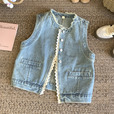 蕾丝拼接牛仔马甲女款春夏新款