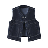 欧货复古圆领深蓝色牛仔马甲背心女2025春秋显瘦休闲坎肩无袖 外套