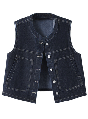 欧货复古圆领深蓝色牛仔马甲背心女2025春秋显瘦休闲坎肩无袖外套