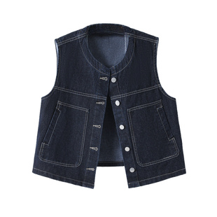 欧货复古圆领深蓝色牛仔马甲背心女2025春秋显瘦休闲坎肩无袖 外套