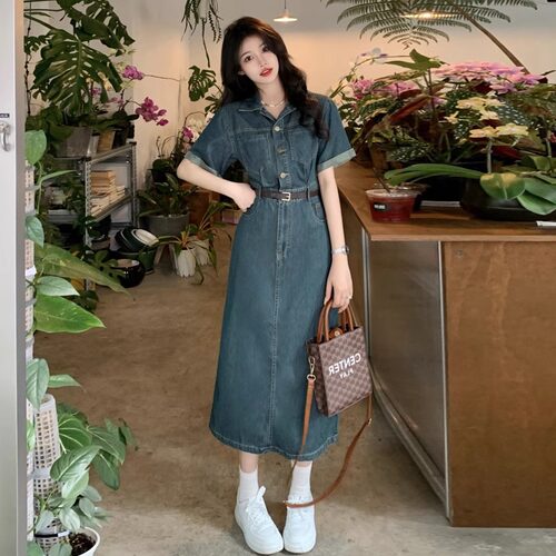 中长款收腰牛仔连衣裙女