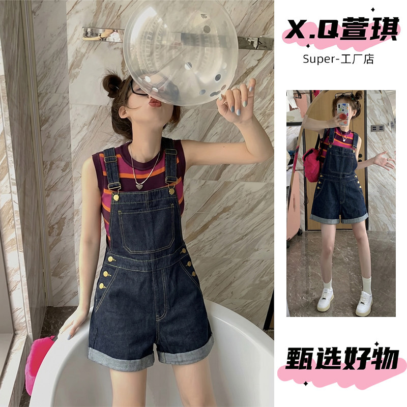 小众宽松减龄百搭学院风背带短裤图片