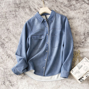 浅蓝色休闲风牛仔衬衫女春秋长袖宽松翻领纽扣加厚打底衫气质上衣