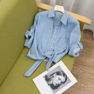 夏季短款七分袖牛仔衬衫女系带打结短袖衬衣宽松披肩外搭防晒上衣