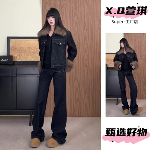 深蓝色加绒毛毛领牛仔外套女秋冬