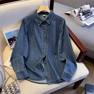 推荐 韩版 吸睛小金扣 女春秋季 宽松百搭上衣 蓝色牛仔衬衫 自留爆款