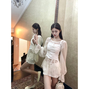 TailorMom【芭蕾少女】韩系重工蕾丝雪纺罩衫收腰拼接吊带两件套