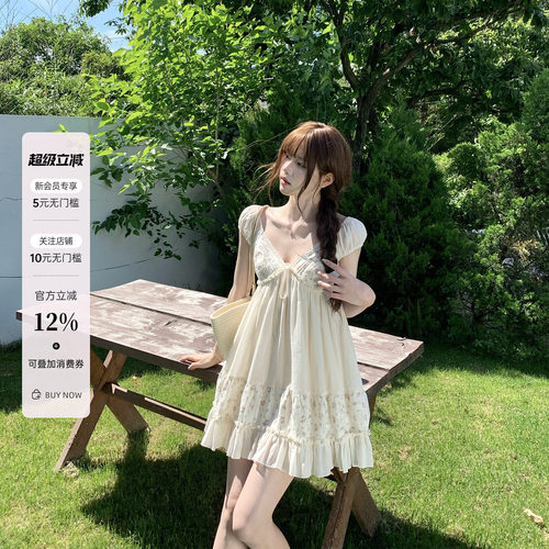 小碎花蕾丝收腰短袖A字连衣裙