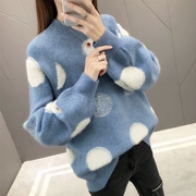 Mùa thu đông 2019 phiên bản mới của Hàn Quốc nhỏ tay phồng chấm bi nửa cổ cao đan áo len rộng rãi áo len nữ - Áo len