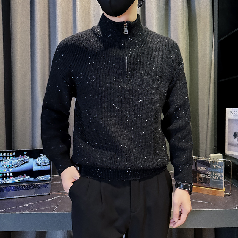 2025秋冬季新款毛衣男士半拉链针织衫套头雪花针织衫潮牌修身外套