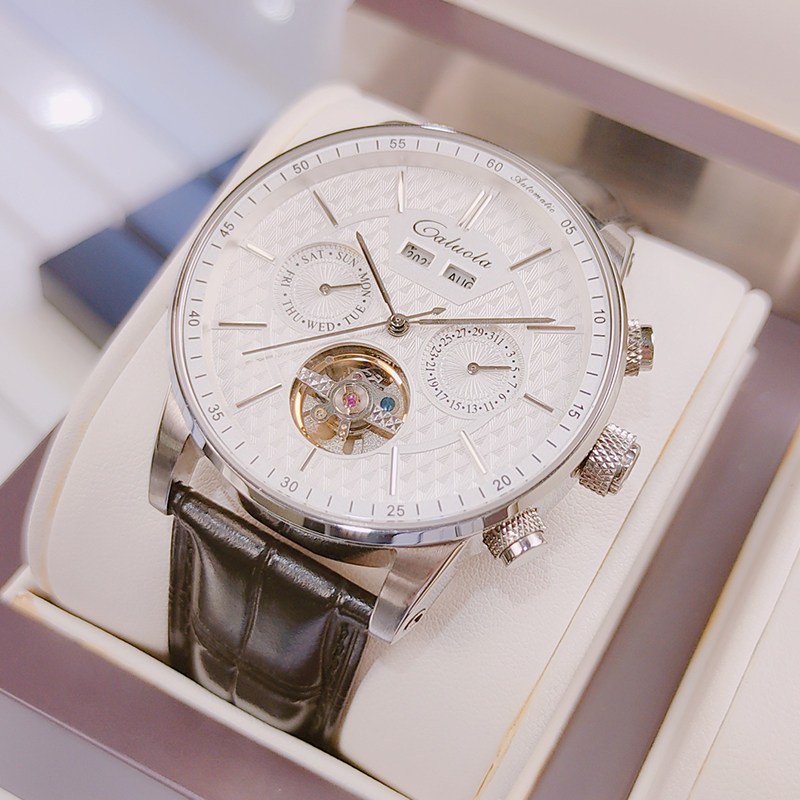 卡罗莱2021新款手表男机械表时尚官方品牌飞轮防水真皮带男士手表