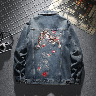 寬松帥氣工裝 夾克上衣 2025新款 國(guó)潮老虎刺繡牛仔外套男潮牌春秋季