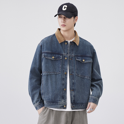 秋季宽松经典复古拼色牛仔外套男