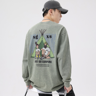 潮牌宽松大码 美式 男秋季 打底衫 休闲圆领卫衣 重磅纯棉复古水洗长袖