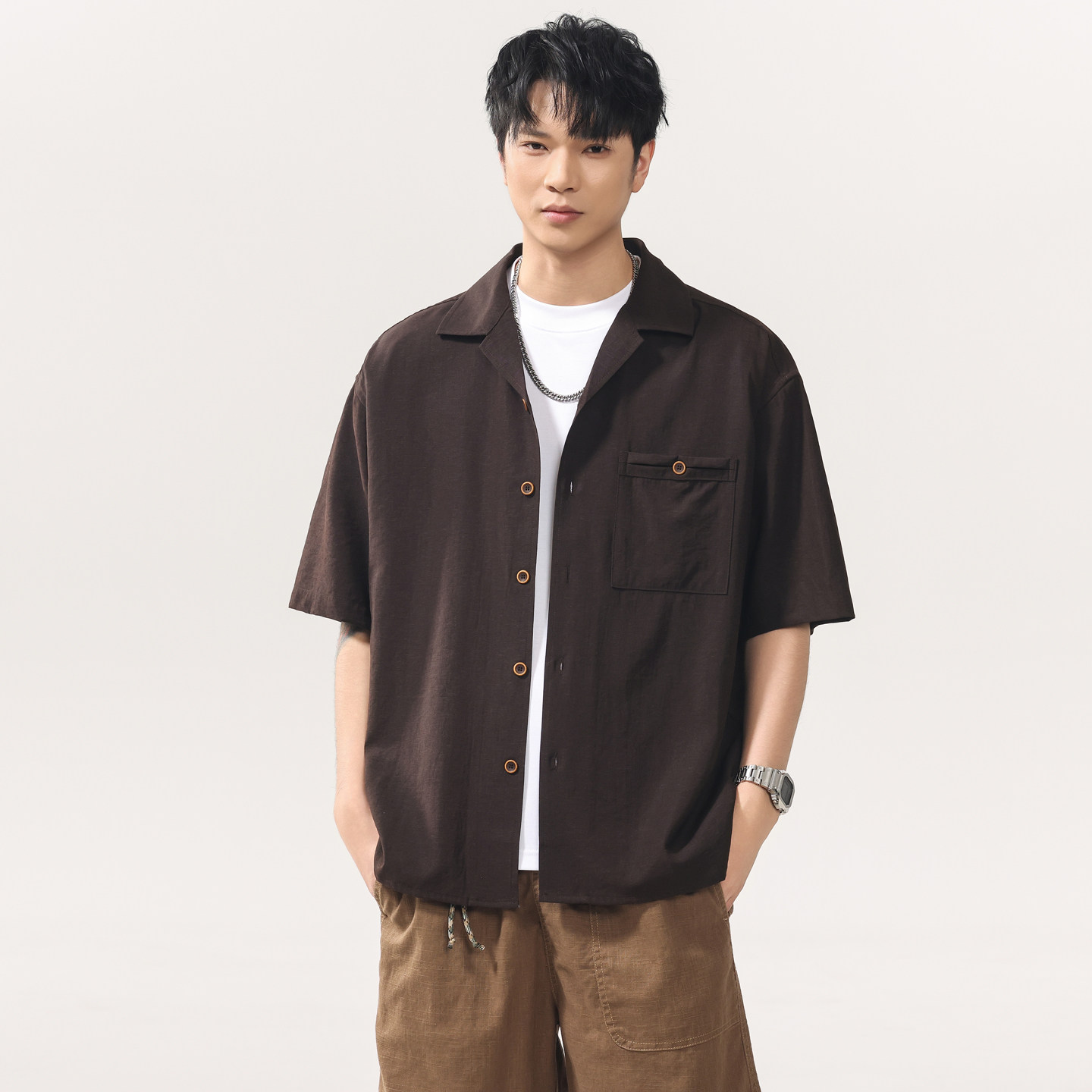 夏季天丝亚麻古巴领衬衫男短袖