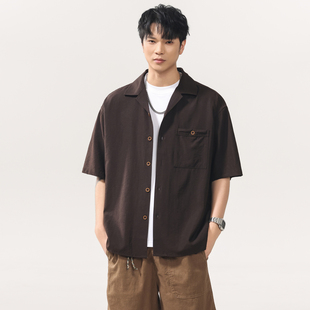 夏季天丝亚麻古巴领衬衫男短袖老钱风宽松垂感cleanfit衬衣外套潮