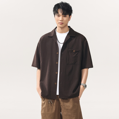 夏季天丝亚麻古巴领衬衫男短袖