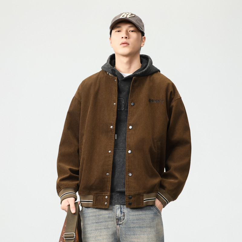 秋冬宽松刺绣灯芯绒棒球服外套男