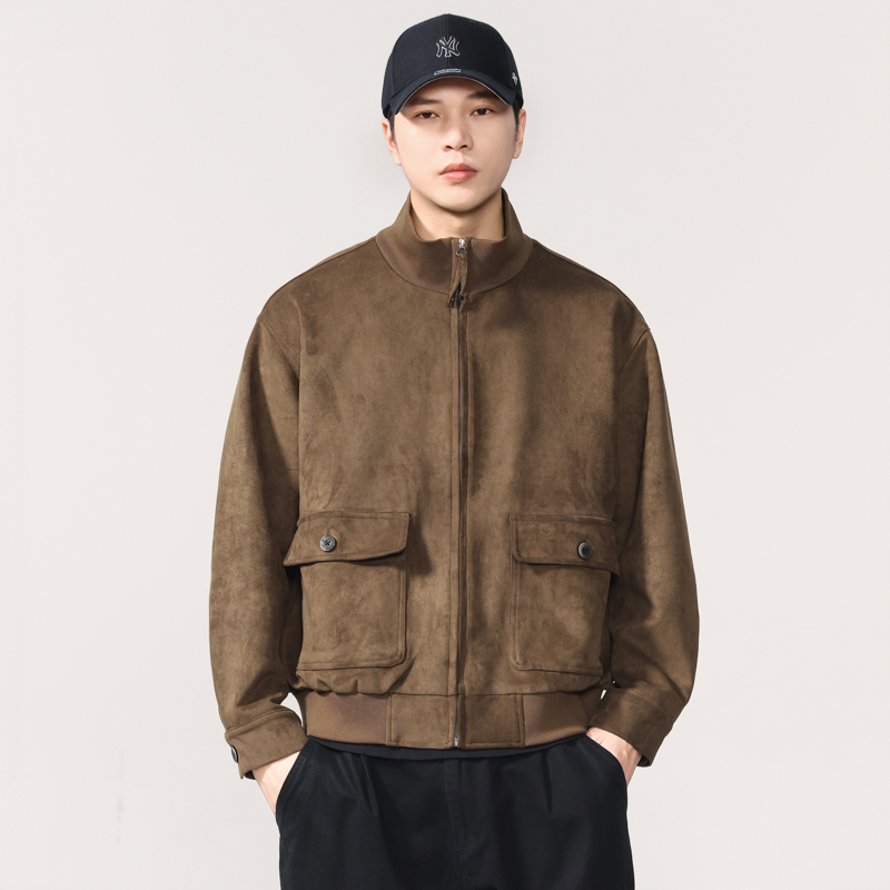 秋冬宽松机车麂皮绒立领夹克男