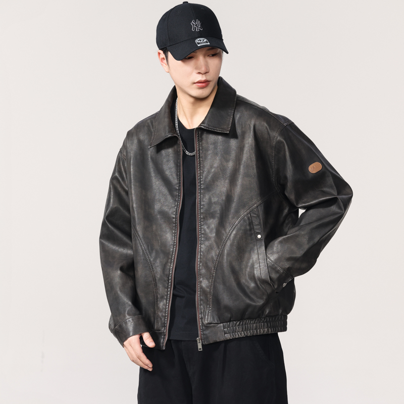 秋冬宽松废土风机车皮衣外套男